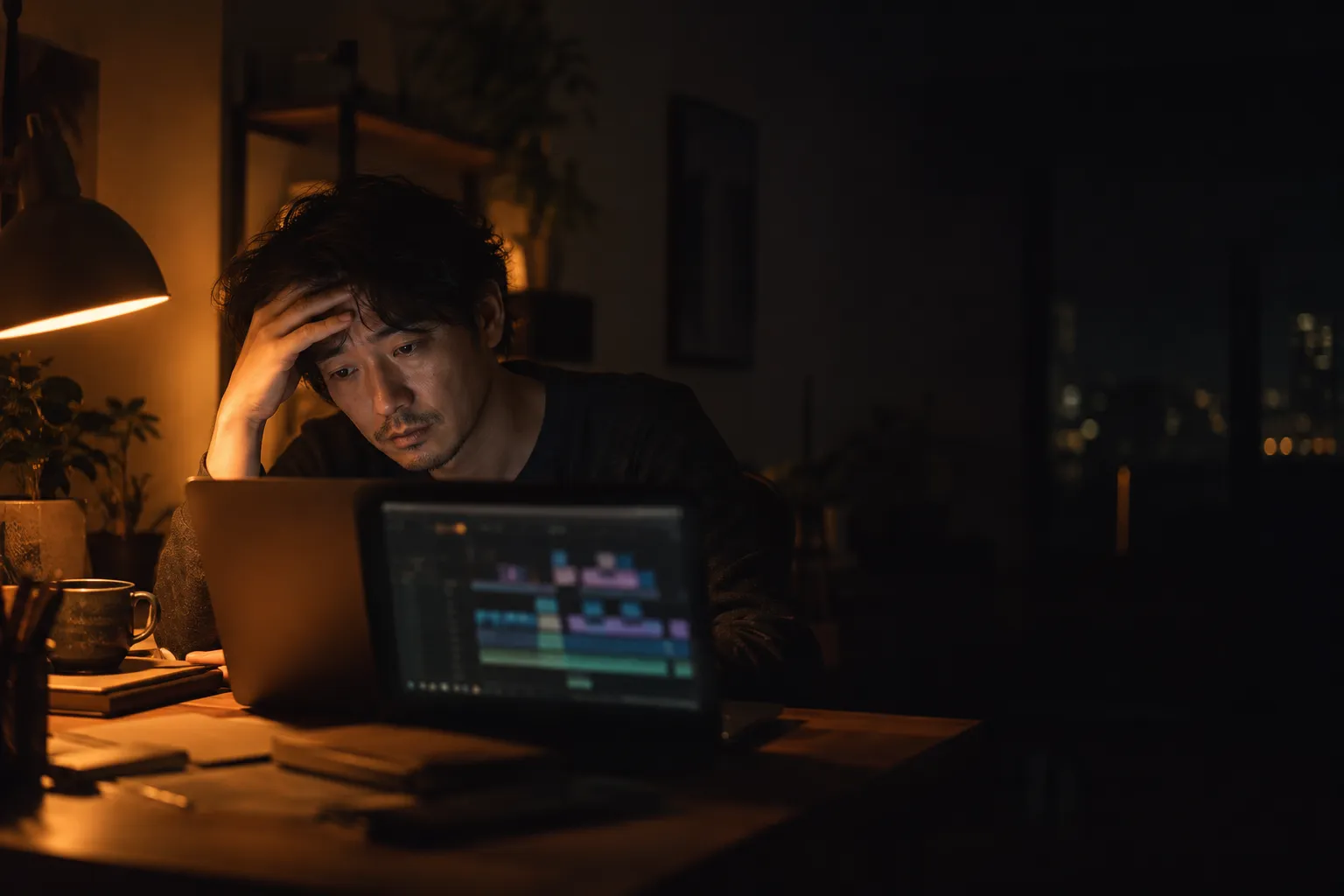 夜のデスクで複雑な編集画面を前に頭を抱える人