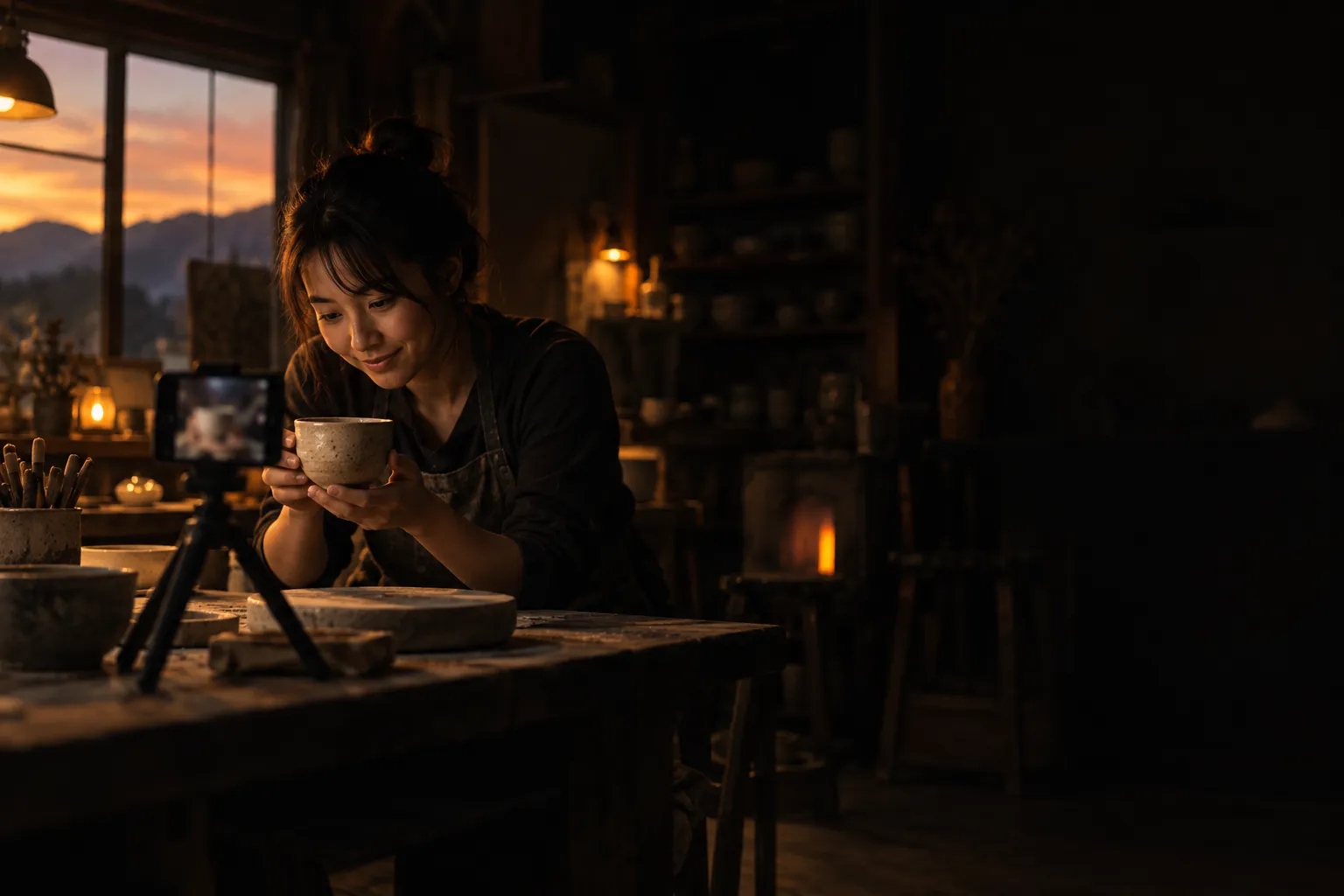 小さな工房で自分の器をスマホで撮影する店主